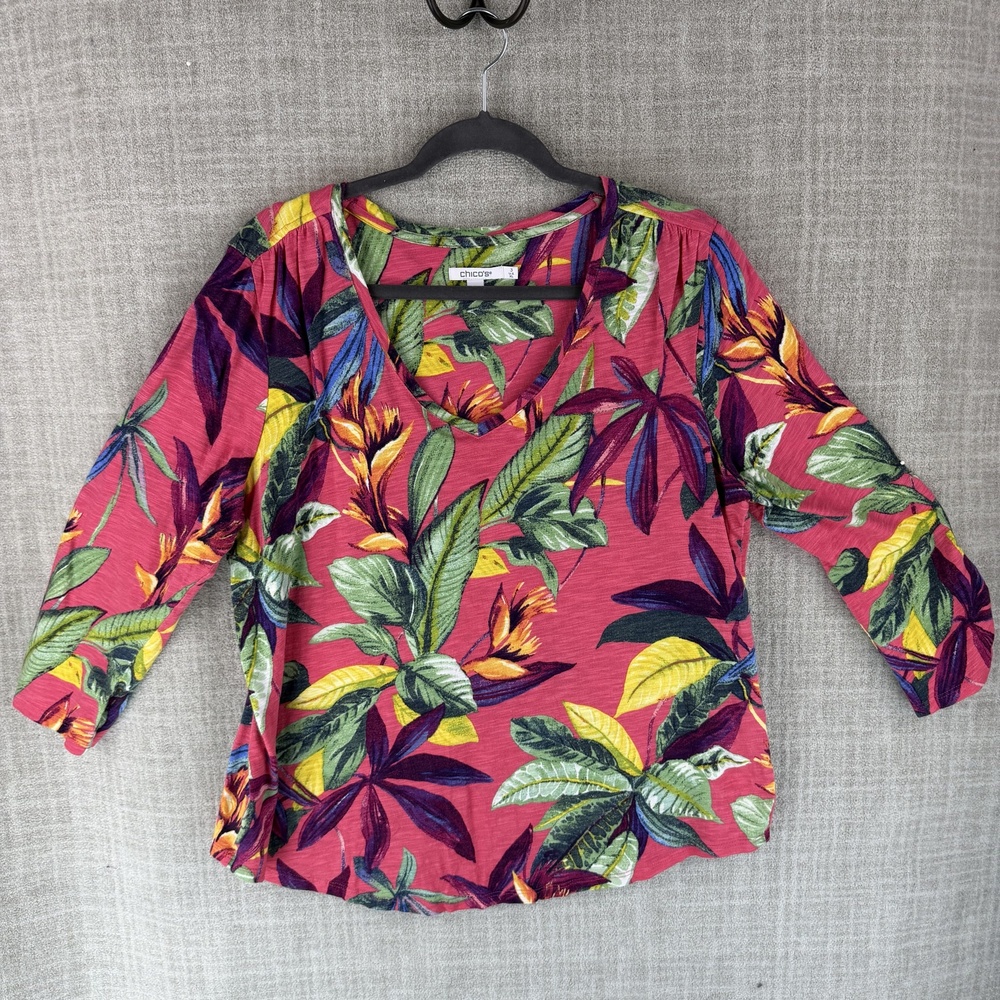 Chico's Blouse Womens XL Pink Hawaiian V-Neck 3/4 Sleeve Roll Tab Jersey Stretch